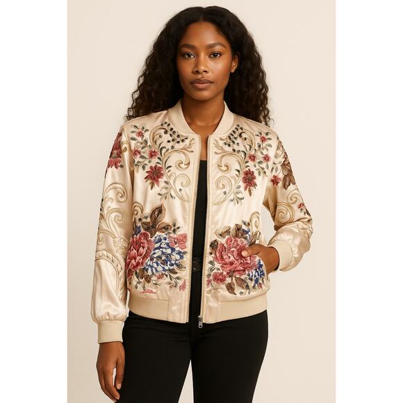 OO LALA Jackets & Blazers - OO LALA Satin Floral Embroidered Bomber Jacket Beaded Medium Statement